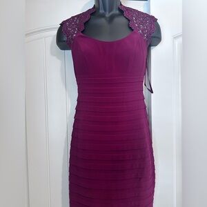 NWOT! Elegant “Cache” Wine Lace-Shoulder Dress